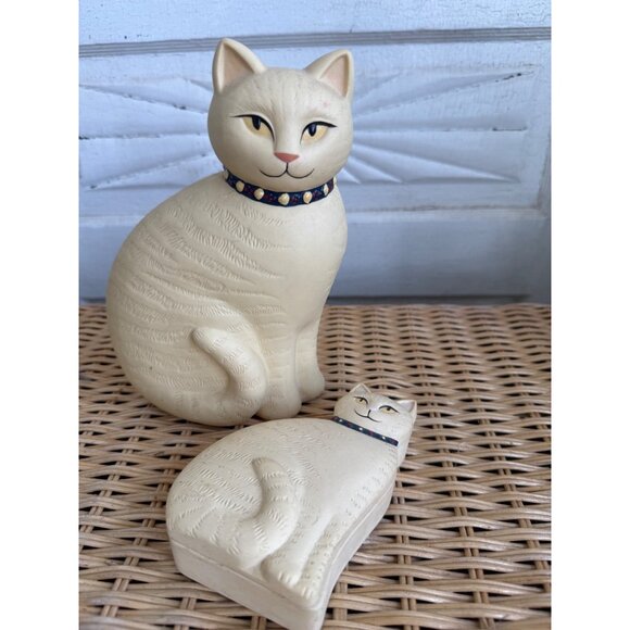 Vintage 80s Bisque Ceramic Set Yellow Cat Figurine and Trinket Box - Picture 11 of 14